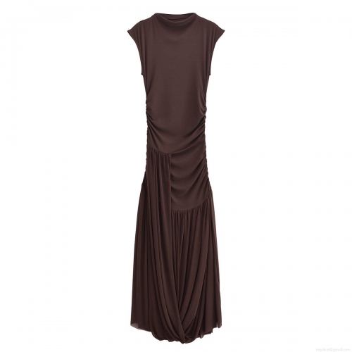 Women's Elegant Mesh Spliced Sleeveless Maxi Dress Sexy Pleated Bodycon Dark Brown Ribbed Knit Long Dress For Party Club Night Out Summer Fashion