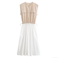 Women Color Block Patchwork Maxi Dress Sleeveless Round Neck Zip Front Drawstring Waist Poplin Dress With Gold Buttons Pockets Casual Elegant Long Party Dress
