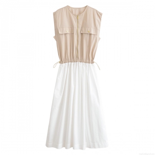 Women Color Block Patchwork Maxi Dress Sleeveless Round Neck Zip Front Drawstring Waist Poplin Dress With Gold Buttons Pockets Casual Elegant Long Party Dress