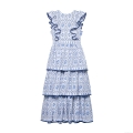 Women's Elegant Blue and White Floral Print Sleeveless Ruffle Tiered Maxi Dress Round Neck Boho Summer Beach Casual Long Dress 100% Polyester