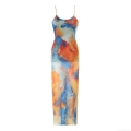 Women's Mesh Abstract Floral Print Maxi Dress Elegant Spaghetti Strap Tie-Dye Sleeveless Long Dress For Party Vacation Summer Beach Wear