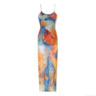 Women's Mesh Abstract Floral Print Maxi Dress Elegant Spaghetti Strap Tie-Dye Sleeveless Long Dress For Party Vacation Summer Beach Wear