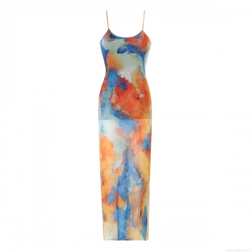 Women's Mesh Abstract Floral Print Maxi Dress Elegant Spaghetti Strap Tie-Dye Sleeveless Long Dress For Party Vacation Summer Beach Wear