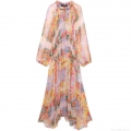 Women's Elegant Abstract Floral Print Maxi Dress V-Neck Long Lantern Sleeve Bohemian Pleated Long Dress Casual Loose Flowy Chiffon Feel Party Vacation Dress