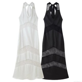 Elegant Women's Satin and Lace Patchwork Maxi Dress Halter V-Neck Backless Sleeveless Evening Party Wedding Guest Long Dress With Bow