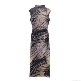 Women's Mesh Print Sleeveless Maxi Dress Mock Neck Ruched Side Bodycon Long Dress Abstract Ink Marble Pattern Sheer Evening Party Dress for Women Elegant Slim Fit