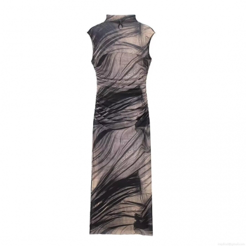 Women's Mesh Print Sleeveless Maxi Dress Mock Neck Ruched Side Bodycon Long Dress Abstract Ink Marble Pattern Sheer Evening Party Dress for Women Elegant Slim Fit