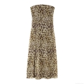 Women Sexy Leopard Print Tube Top Maxi Dress Slim Fit Side Slit Mesh Polyester Bodycon Long Dress for Party Evening Club