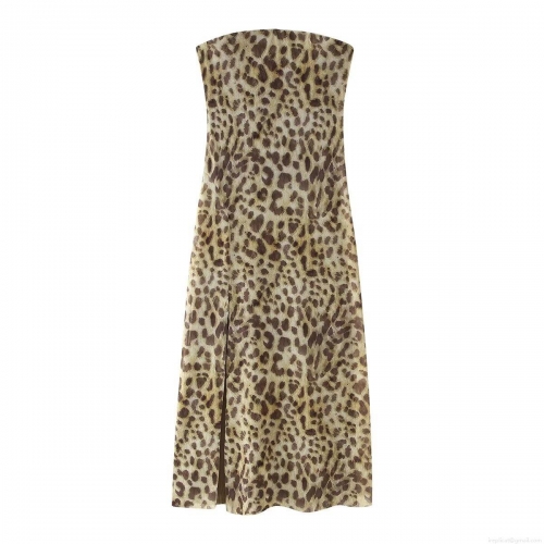 Women Sexy Leopard Print Tube Top Maxi Dress Slim Fit Side Slit Mesh Polyester Bodycon Long Dress for Party Evening Club