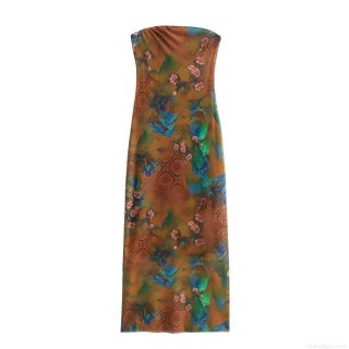 Women's Sexy Strapless Maxi Dress Polyester Mesh Abstract Floral Print Slim Fit Tube Long Dress for Party Vacation Elegant Clothing