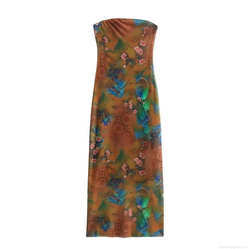 Women's Sexy Strapless Maxi Dress Polyester Mesh Abstract Floral Print Slim Fit Tube Long Dress for Party Vacation Elegant Clothing