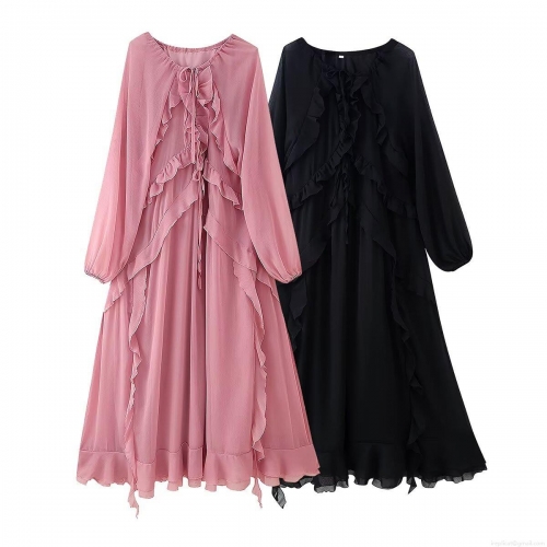 Women Elegant Pink Chiffon Ruffle Maxi Dress Long Sleeve Solid Tie-Neck Flowy Evening Party Vacation Long Dress