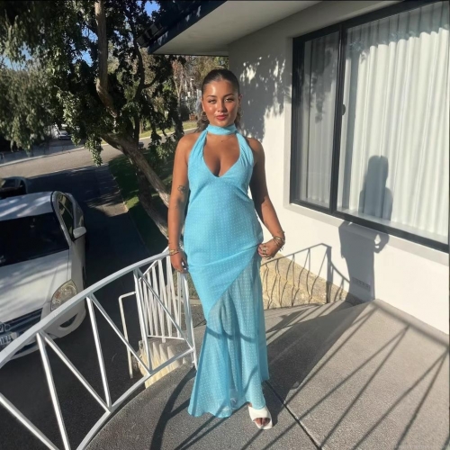 Sexy Polka Dot Halter Neck Maxi Dress Women's Backless Slim Fit Mesh Patchwork Long Party Dress Elegant Summer Beach Vacation Sundress