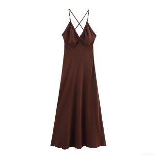 Women Linen Blend Beaded Strappy Maxi Dress Elegant V Neck Backless Summer Beach Vacation Party Brown Long Dress
