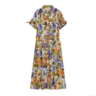 Women Elegant Floral Print Maxi Dress Short Sleeve Shirt Collar Single Breasted Belted Polyester Dress For Summer Party Daily Wear