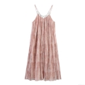 Women's Tie-Dye Pleated Maxi Dress Metal Ring Decoration Sleeveless Spaghetti Strap Polyester Chiffon Long Dress Elegant Party Wear