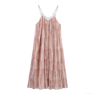 Women's Tie-Dye Pleated Maxi Dress Metal Ring Decoration Sleeveless Spaghetti Strap Polyester Chiffon Long Dress Elegant Party Wear