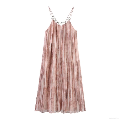 Women's Tie-Dye Pleated Maxi Dress Metal Ring Decoration Sleeveless Spaghetti Strap Polyester Chiffon Long Dress Elegant Party Wear