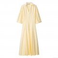 Women Elegant V Neck Shirt Maxi Dress 100% Polyester Short Sleeve A Line Swing Dress For Daily Party Dating Solid Pale Yellow Fashion Gown