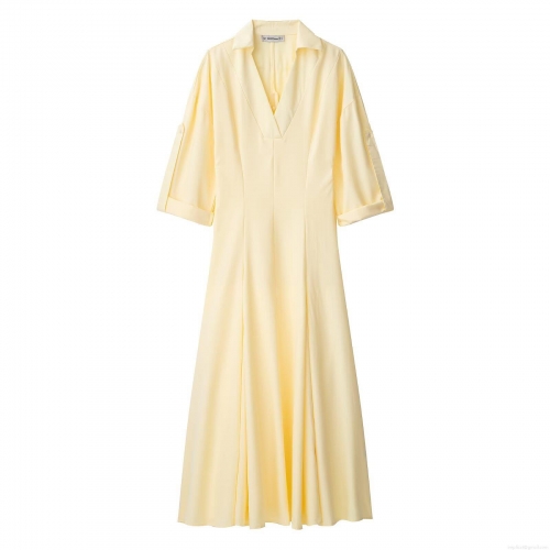 Women Elegant V Neck Shirt Maxi Dress 100% Polyester Short Sleeve A Line Swing Dress For Daily Party Dating Solid Pale Yellow Fashion Gown