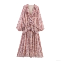 Women's Bohemian Paisley Print Tiered Ruffle Maxi Dress V Neck Long Lantern Sleeve Elegant Pink Flowy Long Dress for Party Vacation