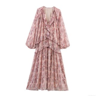 Women's Bohemian Paisley Print Tiered Ruffle Maxi Dress V Neck Long Lantern Sleeve Elegant Pink Flowy Long Dress for Party Vacation
