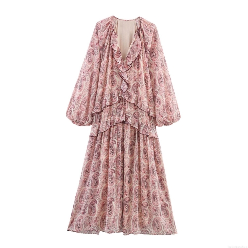 Women's Bohemian Paisley Print Tiered Ruffle Maxi Dress V Neck Long Lantern Sleeve Elegant Pink Flowy Long Dress for Party Vacation