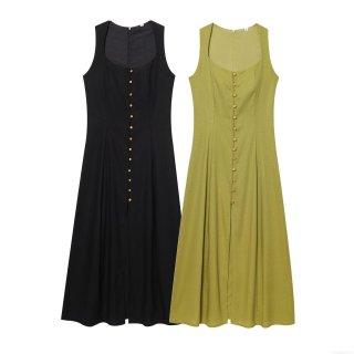 Women's Elegant Solid Color Sleeveless Maxi Dress 100% Polyester U-Neck Front Button Decoration Long Sun Dress for Summer Party Casual Wear