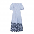 Women's French Style Off Shoulder Blue and White Striped Maxi Dress With Black Floral Embroidery Hollow Out Hem Smocked Bodice Puff Sleeve Elegant Summer Vacation Party Long Dress