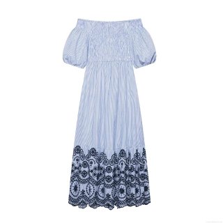 Women's French Style Off Shoulder Blue and White Striped Maxi Dress With Black Floral Embroidery Hollow Out Hem Smocked Bodice Puff Sleeve Elegant Summer Vacation Party Long Dress