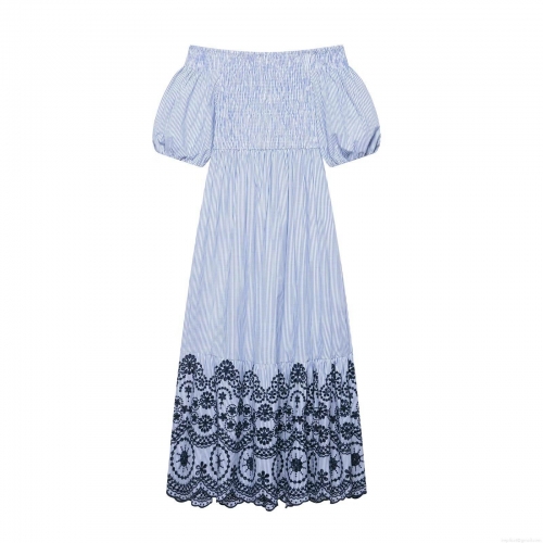 Women's French Style Off Shoulder Blue and White Striped Maxi Dress With Black Floral Embroidery Hollow Out Hem Smocked Bodice Puff Sleeve Elegant Summer Vacation Party Long Dress