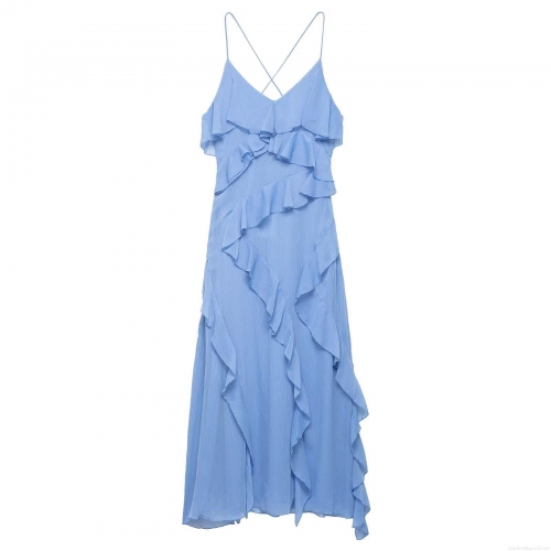 Women's Elegant Sky Blue Maxi Dress Sexy V Neck Spaghetti Strap Layered Ruffle Irregular Hem Polyester Chiffon Evening Party Vacation Camisole Long Dress