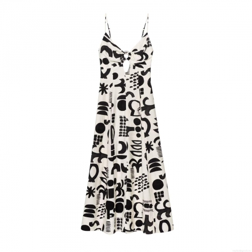 Women's Sexy Hollow Out Abstract Print Maxi Cami Dress With Metal Ring Elegant Party Evening Clubwear Polyester Sleeveless Long Dress