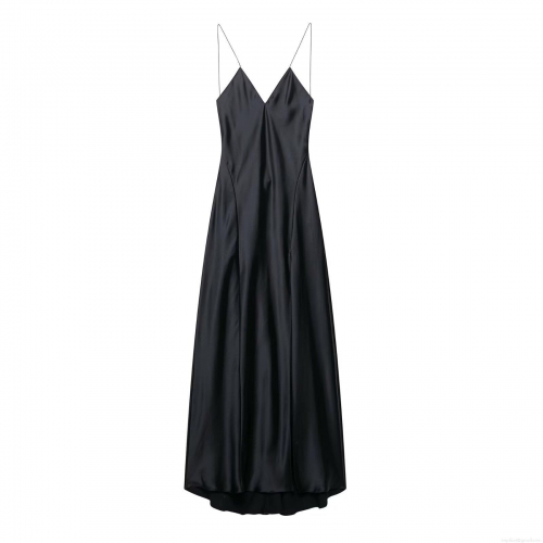 Women's Sexy Backless V Neck Satin Maxi Dress 100% Polyester Spaghetti Strap Long Dress For Party Evening Club Wedding Guest Elegant Minimalist Solid Color Black Slip Dress