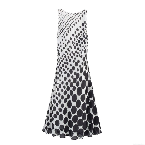 Women's Elegant Retro Polka Dot Sleeveless Maxi Dress Lightweight Chiffon Round Neck Long Flowy Sundress For Summer Party Vacation Ladies Fashion