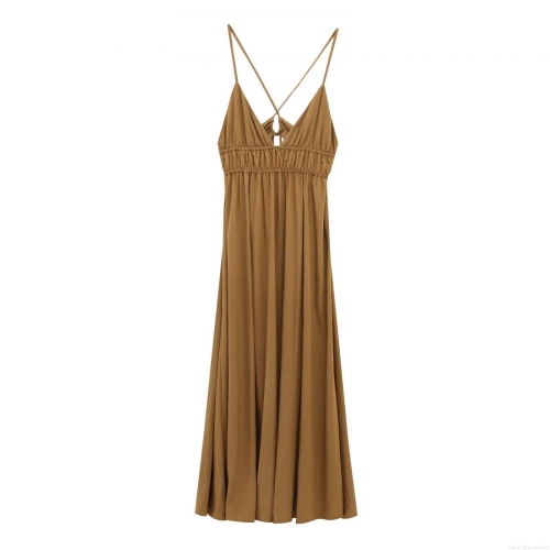 Women's Sexy V Neck Spaghetti Strap Maxi Dress Elegant Cross Back Ruched Waist Solid Color Polyester Blend Silky Long Dress For Summer Vacation Beach Evening Party