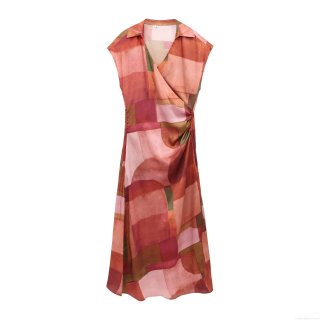 Women Elegant Geometric Print Satin V-Neck Sleeveless Maxi Dress With Side Ruched Detail Slim Fit Party Evening Cocktail Dress