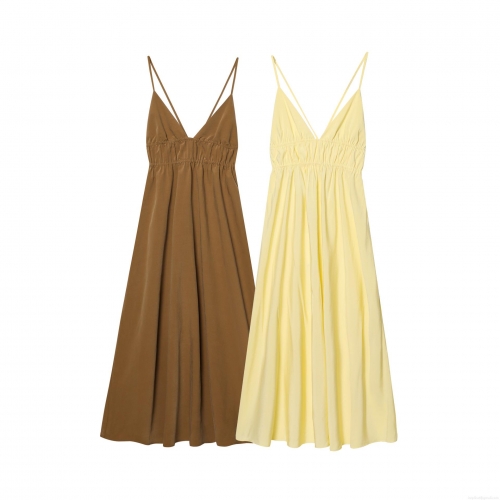 Women V Neck Sling Maxi Dress Polyester Cupro Cotton Solid Color Empire Waist Pleated Cross Back Elegant Party Vacation Summer Long Dress