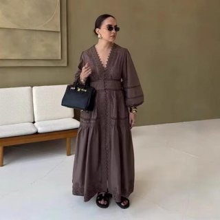 Elegant V Neck Lace Hollow Out Maxi Dress Long Sleeve Button Down Bohemian A-Line Solid Color Long Dress For Women Daily Party Dating