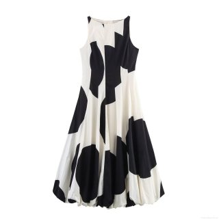 Women's Elegant Polka Dot Sleeveless Maxi Dress Black And White Color Block A-Line Long Dress For Party Club Evening Lady High Stretch Polyester Dress