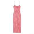 Women's Gingham Cami Maxi Dress French Style Red White Slim Fit Backless Tie Front Summer Vacation Sleeveless Long Dress Polyester Fabric