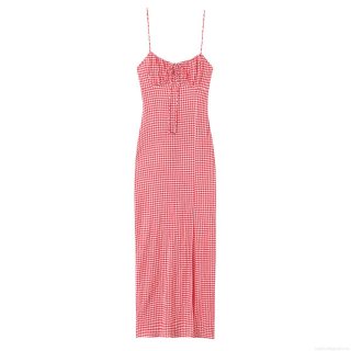 Women's Gingham Cami Maxi Dress French Style Red White Slim Fit Backless Tie Front Summer Vacation Sleeveless Long Dress Polyester Fabric