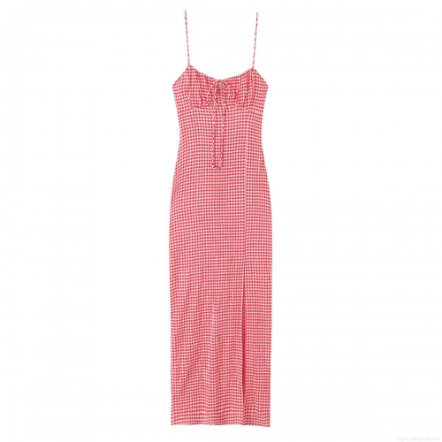 Women's Gingham Cami Maxi Dress French Style Red White Slim Fit Backless Tie Front Summer Vacation Sleeveless Long Dress Polyester Fabric
