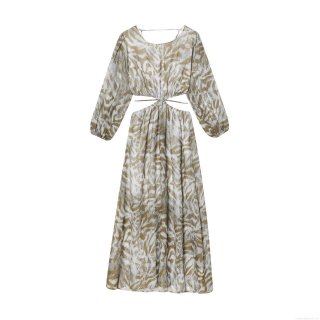 Women Abstract Animal Print Maxi Dress Backless Cut Out Waist Long Sleeve Round Neck Elegant Chic Long Dress for Party Vacation Spring Autumn