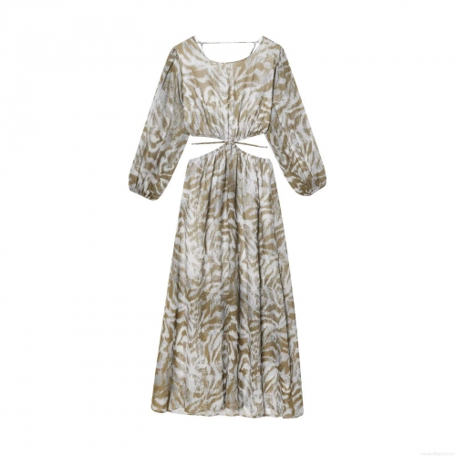 Women Abstract Animal Print Maxi Dress Backless Cut Out Waist Long Sleeve Round Neck Elegant Chic Long Dress for Party Vacation Spring Autumn