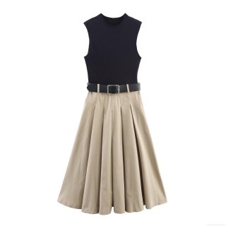 Women's Elegant Patchwork Sleeveless Maxi Dress With Shoulder Pads Round Neck Pleated Long Dress With Belt For Daily Commuting Office Lady Polyester Fabric