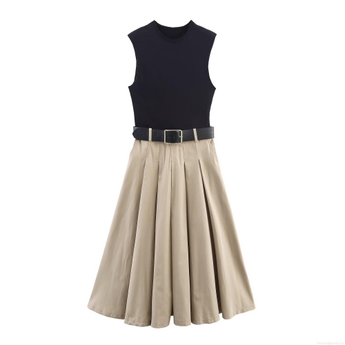 Women's Elegant Patchwork Sleeveless Maxi Dress With Shoulder Pads Round Neck Pleated Long Dress With Belt For Daily Commuting Office Lady Polyester Fabric