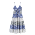 Women Summer Floral Print Tiered Cami Maxi Dress V Neck Sleeveless Patchwork Boho Beach Sun Dress With Back Bow Knot Polyester