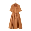 Women Short Sleeve Shirt Dress 100% Cotton Button Up Maxi Dress With Belt Elegant Solid Color Lapel Neck Gown With Chest Pockets For Summer Casual Wear
