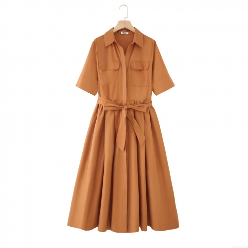 Women Short Sleeve Shirt Dress 100% Cotton Button Up Maxi Dress With Belt Elegant Solid Color Lapel Neck Gown With Chest Pockets For Summer Casual Wear